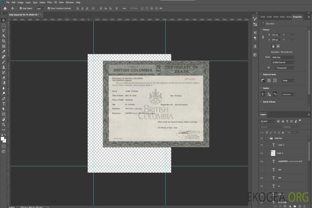 Modèle de certificat de décès Canada Colombie-Britannique au format PSD template